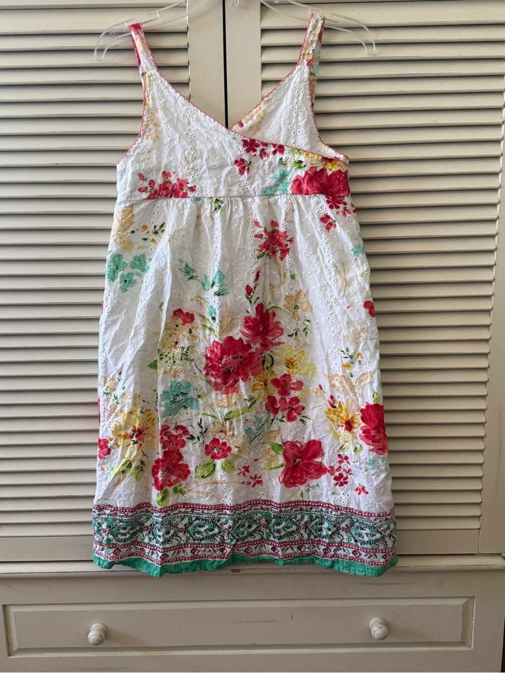 Sally Miller White Eyelet Dress with Pink, Green & Yellow Floral Print